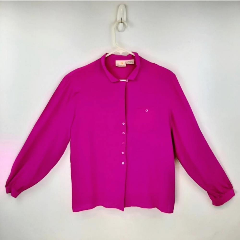Vintage Women's Liz Claiborne Fuchsia 100% Silk Blouse Size 14 Long Sleeve